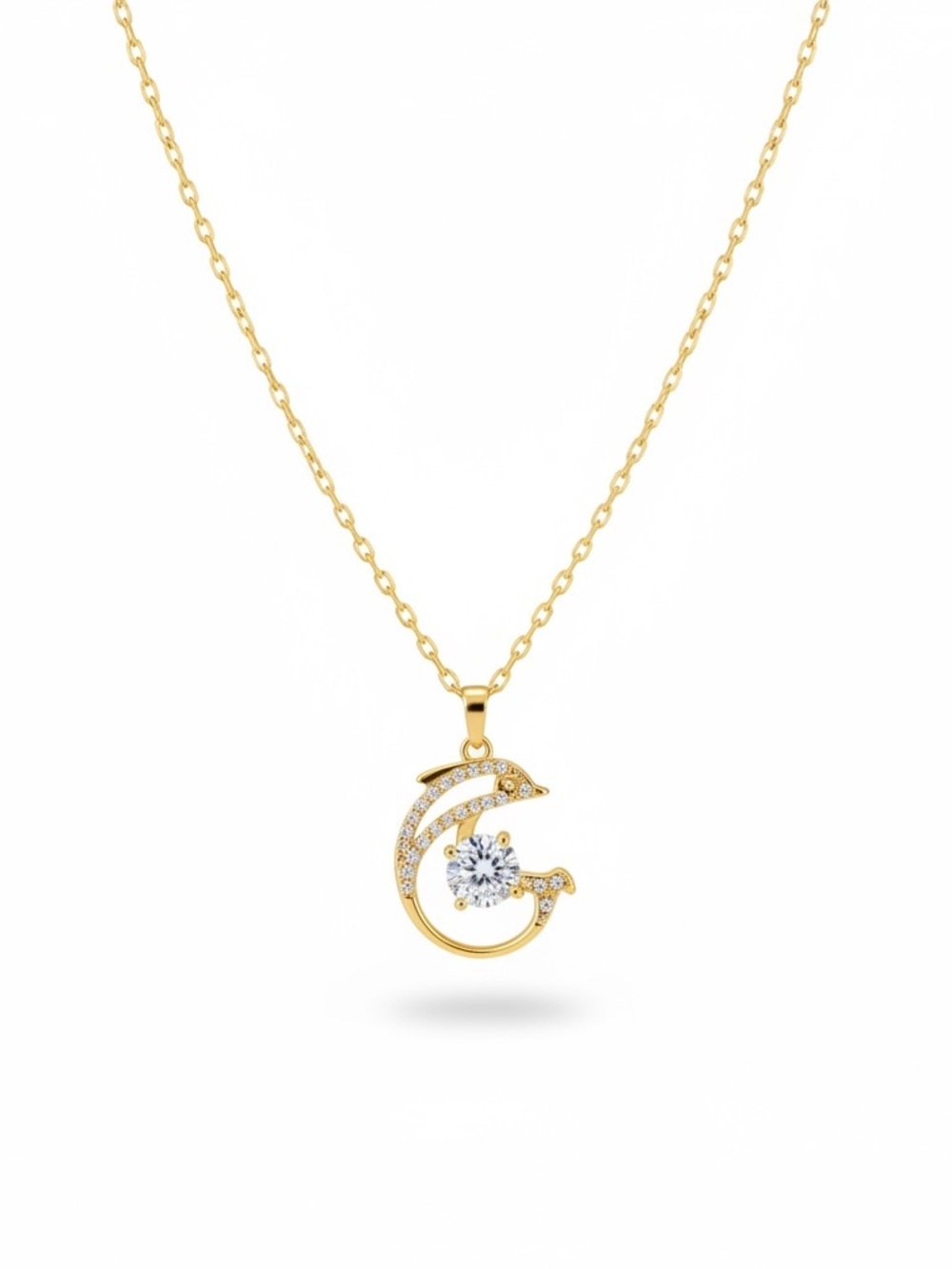 Gold Dolphin Pendant Necklace with Clear Crystal Accent